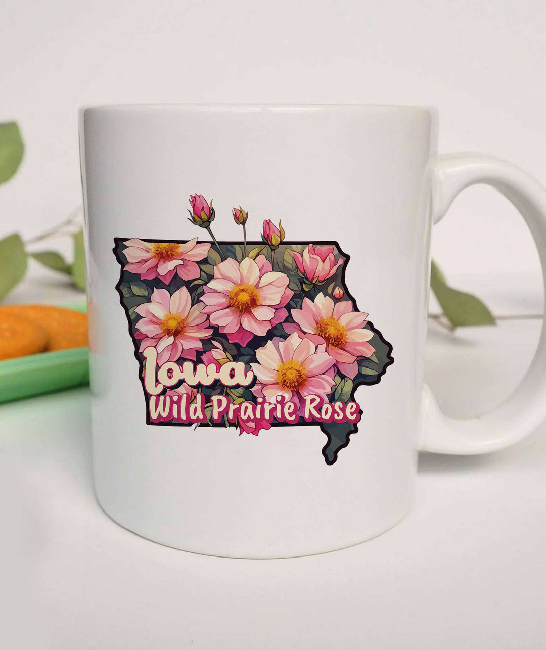 "Iowa State Flower Wild Prairie Rose" design on a white ceramic coffee mug