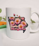 "Iowa State Flower Wild Prairie Rose" design on a white ceramic coffee mug