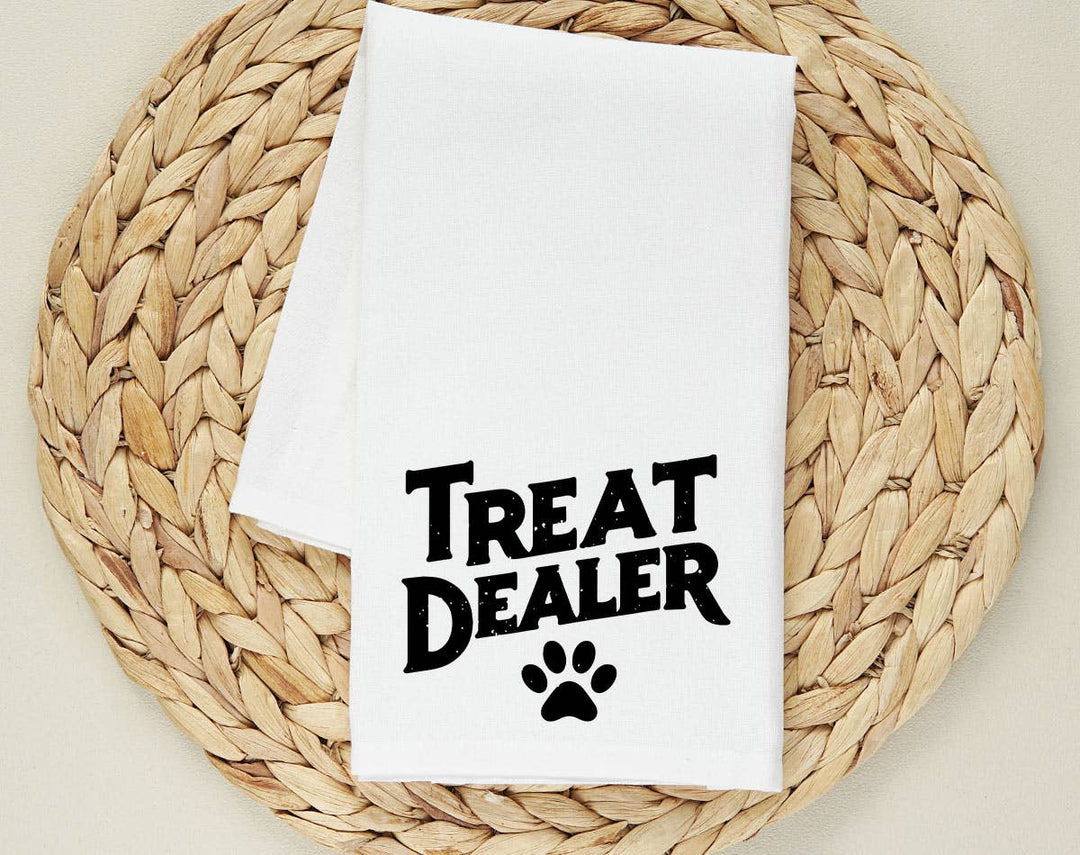 "Treat Dealer Dog" design on a white 28 x 28 inch flour sack tea towel