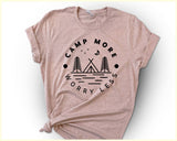 "Camp More Worry Less" design on a peach unisex t-shirt