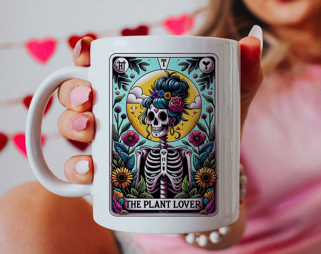 "The Plant Lover Tarot Full Color" design on a white ceramic coffee mug