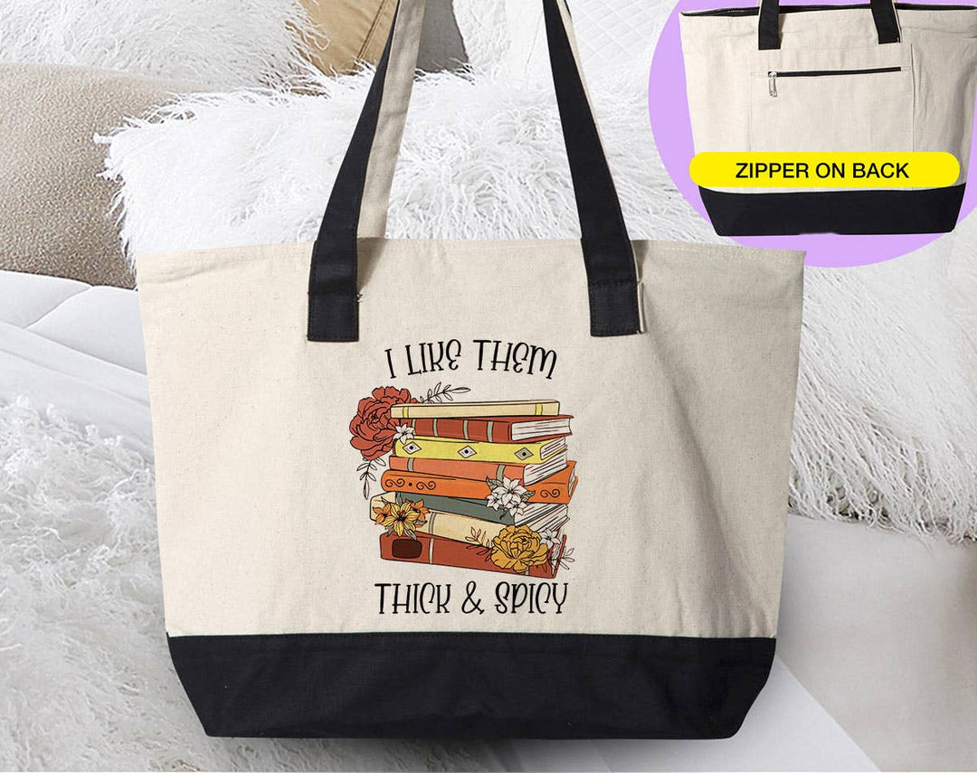 "I Like Them Thick & Spicy" design on a natural canvas zippered tote bag