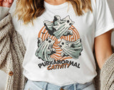 "Purranormal Cativity Cat Ghost" design on a white unisex t-shirt