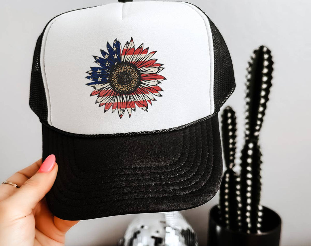 "Sunflower American Flag" design on a mesh-back snapback trucker hat