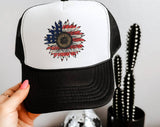 "Sunflower American Flag" design on a mesh-back snapback trucker hat