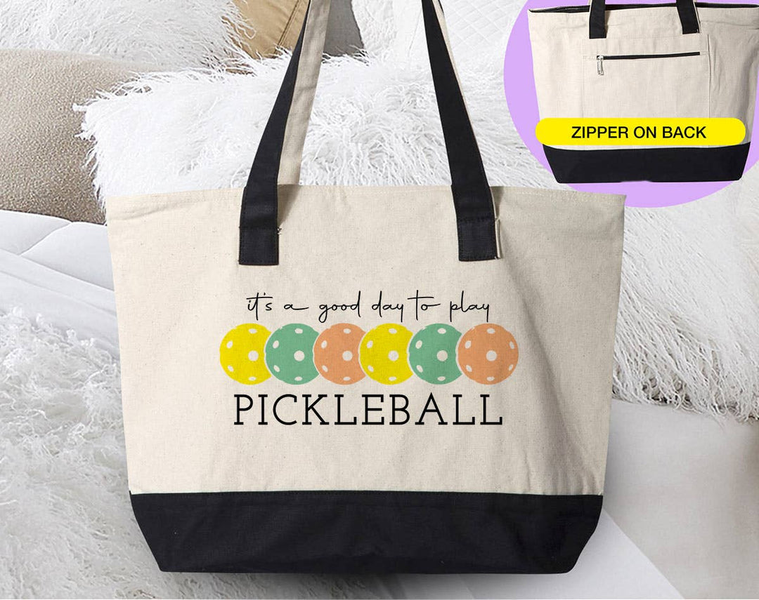 "Go Day To Pickleball" design on a natural canvas zippered tote bag