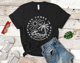 "Happiness Comes In Waves" design on a black unisex t-shirt