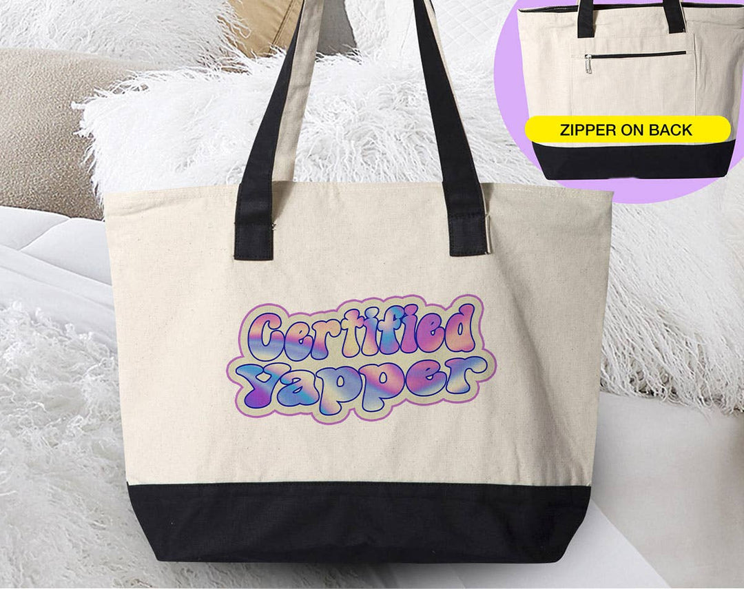 "Certified Yapper" design on a natural canvas zippered tote bag