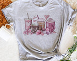 "Valentine Coffee Love Hearts" design on a heather gray unisex t-shirt