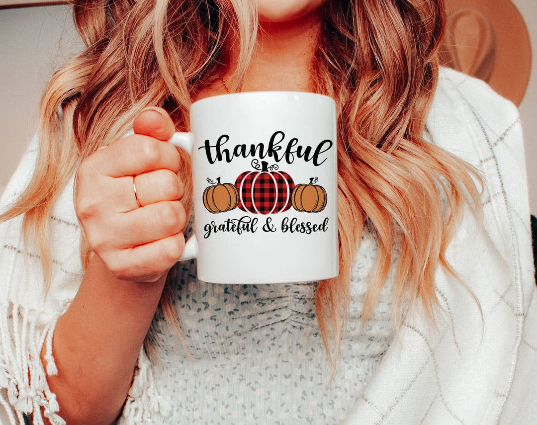 "Thankful Grateful Blessed" fall design on a white coffee mug