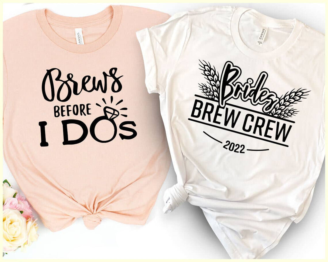 "Brews Before I Do" design on a peach unisex t-shirt