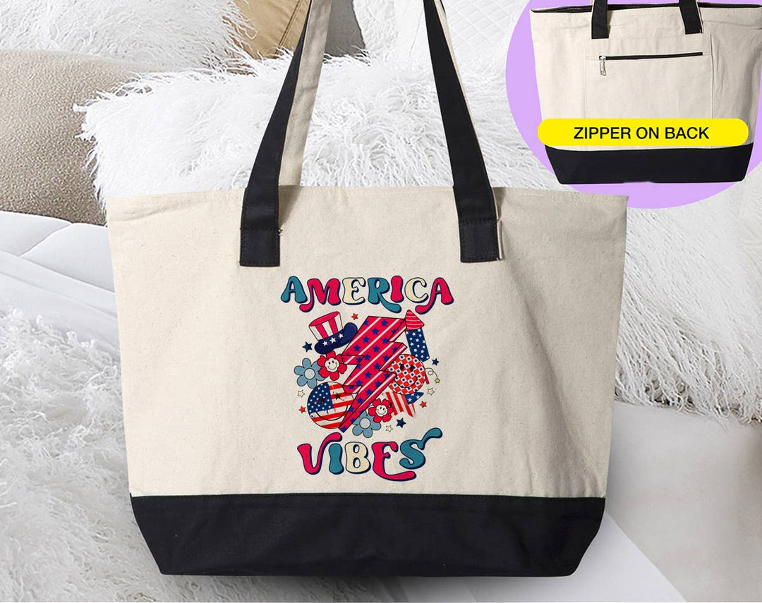 "4th of July America Vibes" design on a natural canvas zippered tote bag