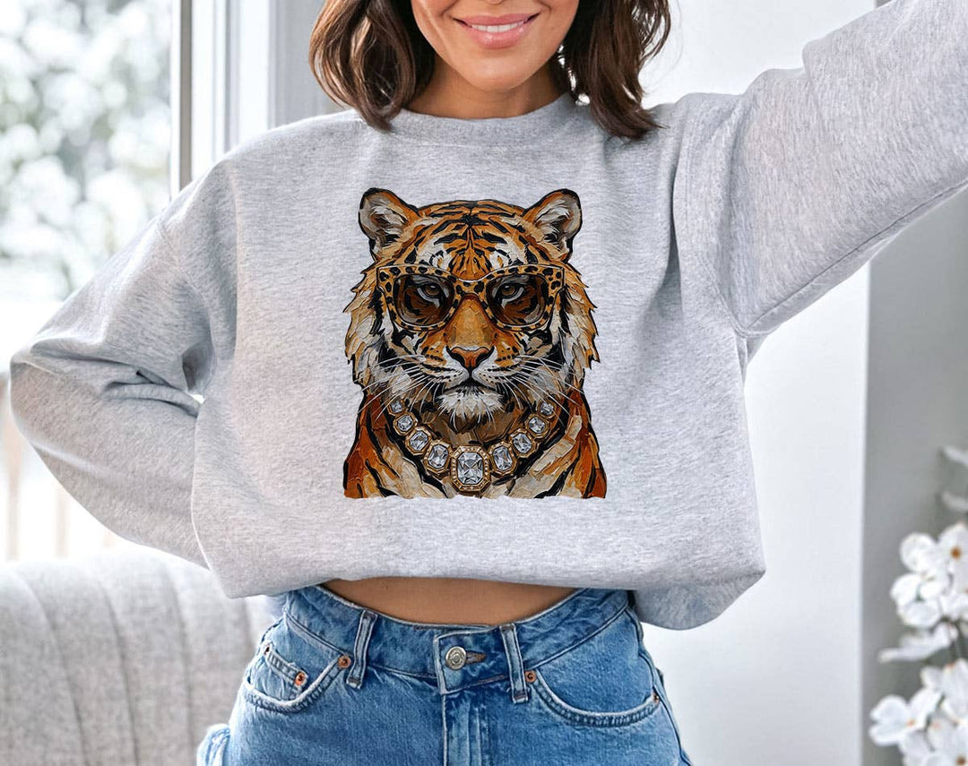 "Glam Tiger Preppy Boujee Leopard Animal Bling" design on an ash gray unisex crewneck sweatshirt