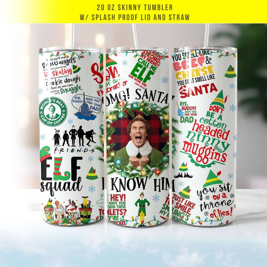 "OMG Santa Elf" design on a 20 oz skinny tumbler with lid and straw