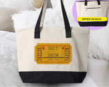 "One Ticket To The Sh*t Show" design on a natural canvas zippered tote bag