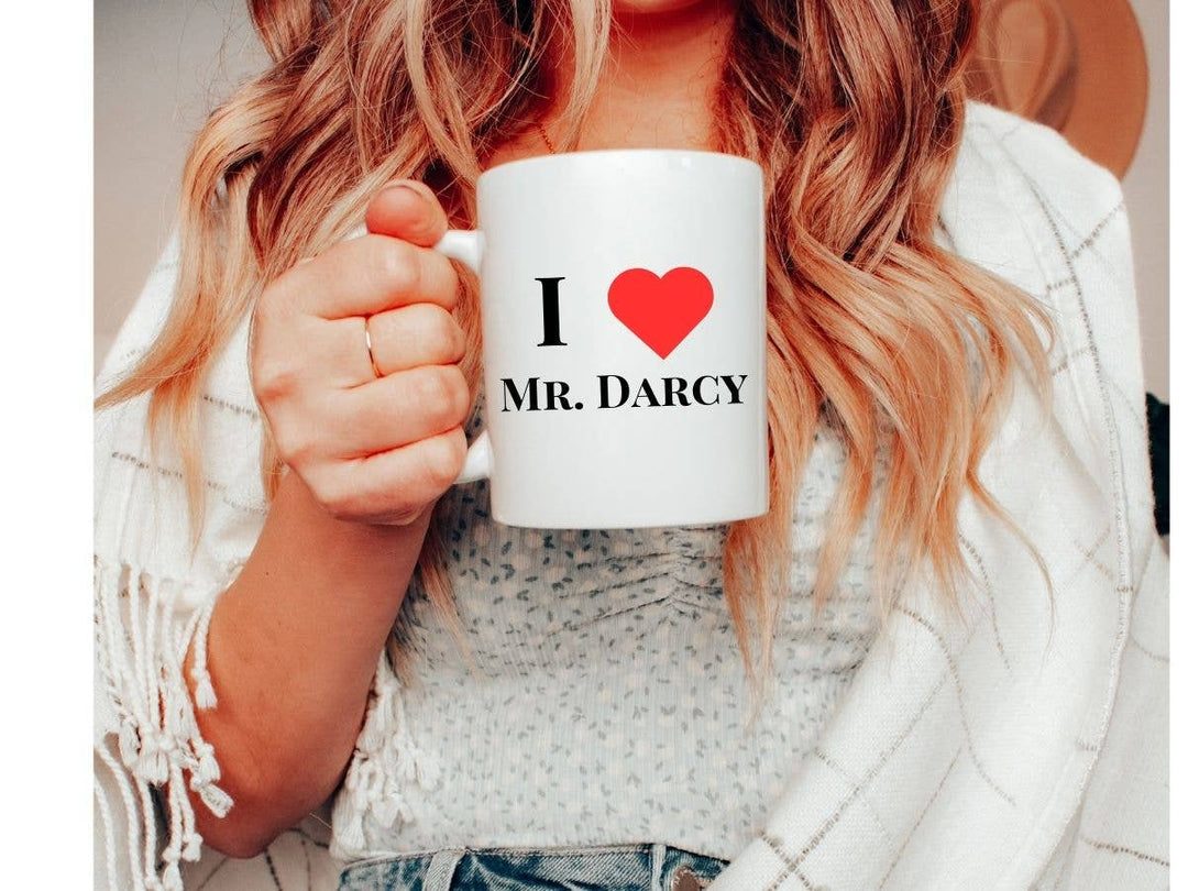 "I Love Mr Darcy" design on a white ceramic coffee mug