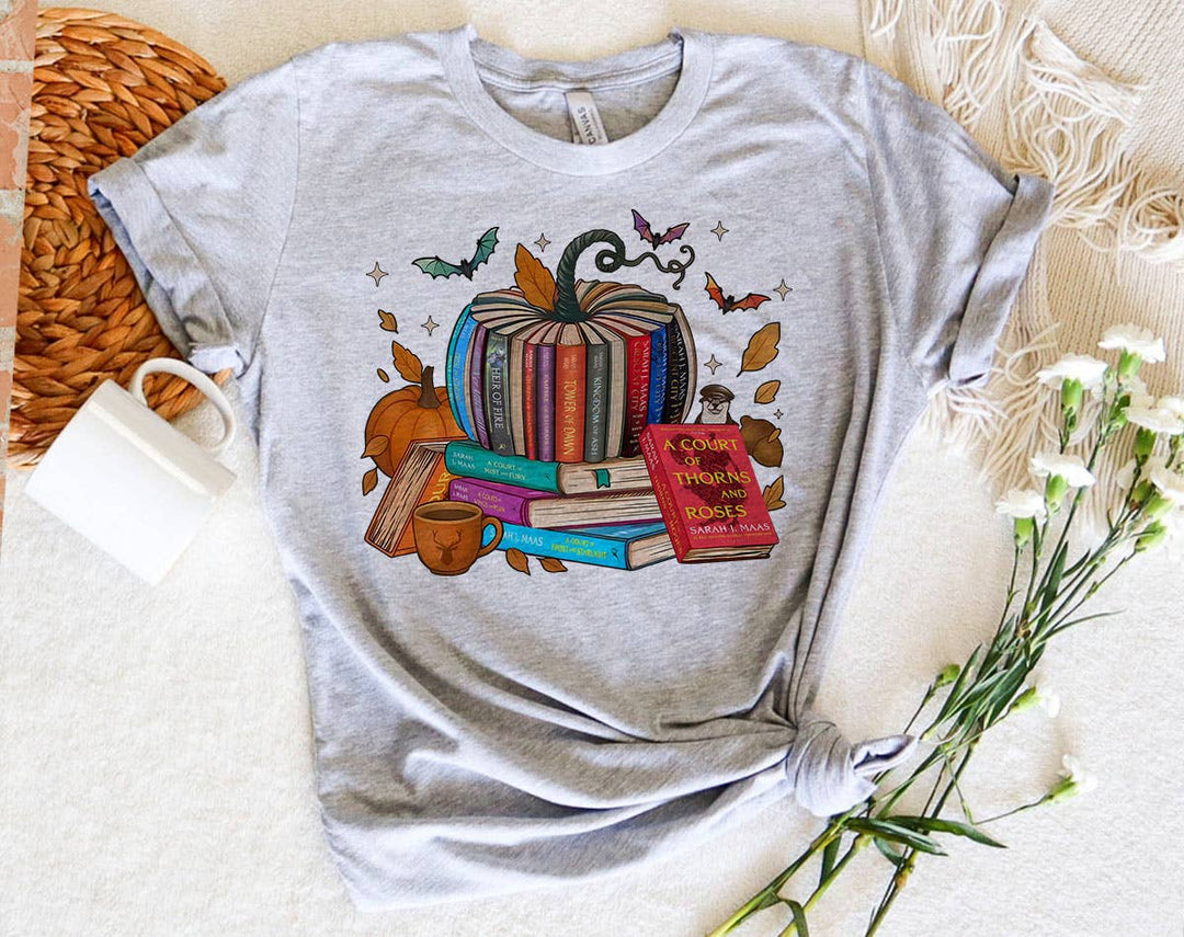 "A Court Of Roses Pumpkin Book" design on a heather gray unisex t-shirt