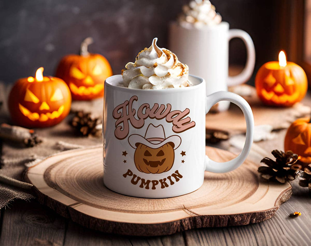 "Howdy Pumpkin" Halloween design on a white coffee mug