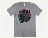 "The Thunder Rolls" design on a heather gray unisex t-shirt