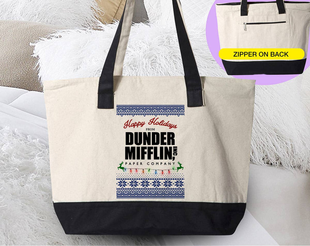 "Dunder Mifflin Office" design on a natural canvas zippered tote bag