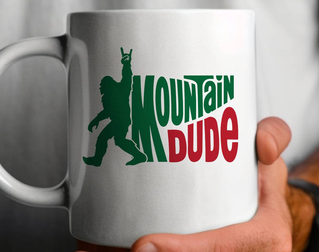 "Mountain Dude" design on a white ceramic coffee mug