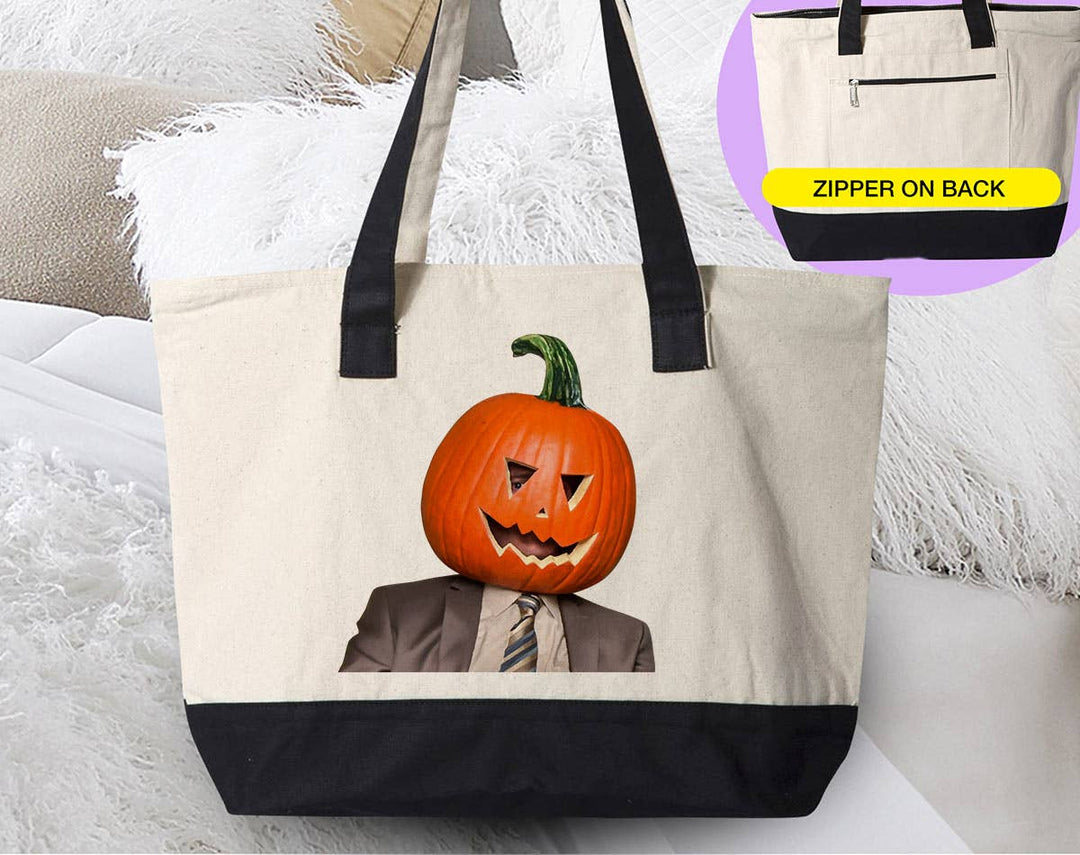 "Dwight Pumpkin Head" design on a natural canvas zippered tote bag