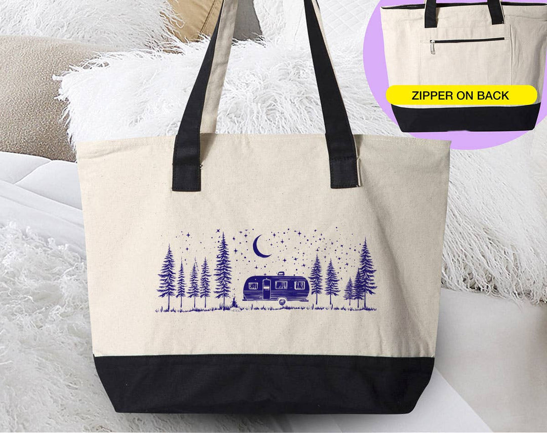 "Camping Life Under The Stars" design on a natural canvas zippered tote bag