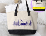 "Camping Life Under The Stars" design on a natural canvas zippered tote bag