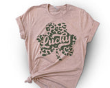 "Lucky Leopard Clover" design on a peach unisex t-shirt
