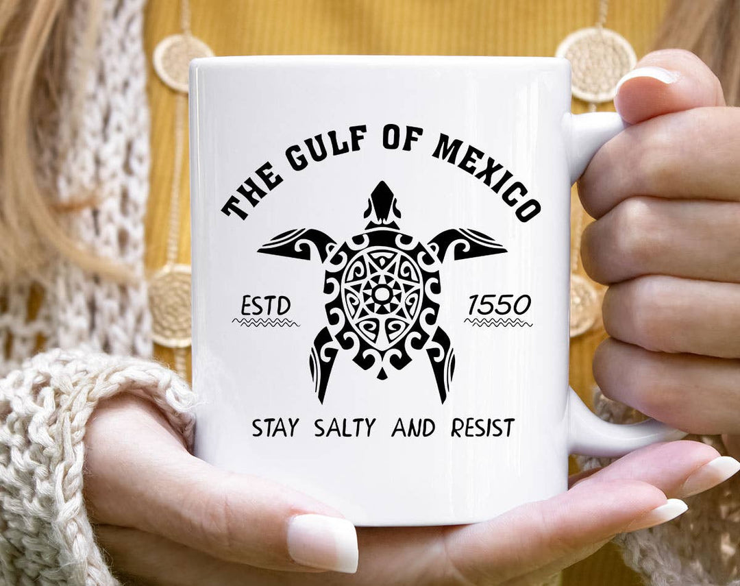 "Gulf Of Mexico" design on a white ceramic coffee mug