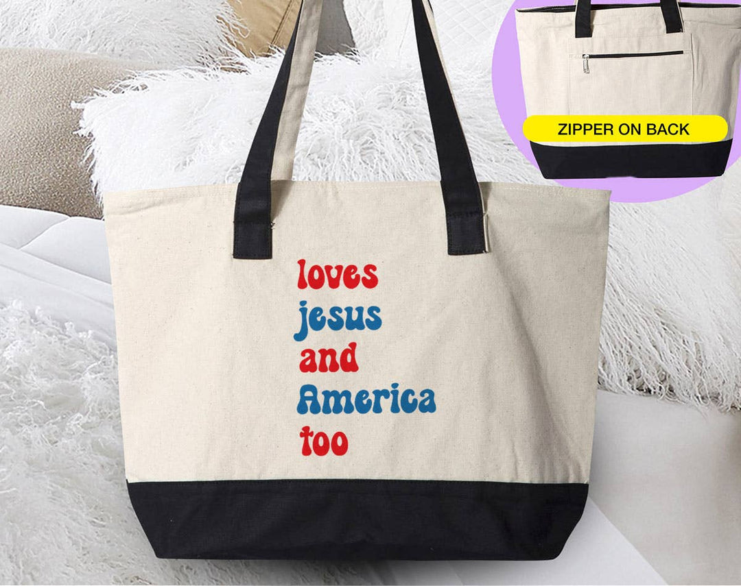 "4th of July Loves Jesus and America too" design on a natural canvas zippered tote bag