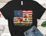 "American Flag Floral Painting" design on a black unisex t-shirt