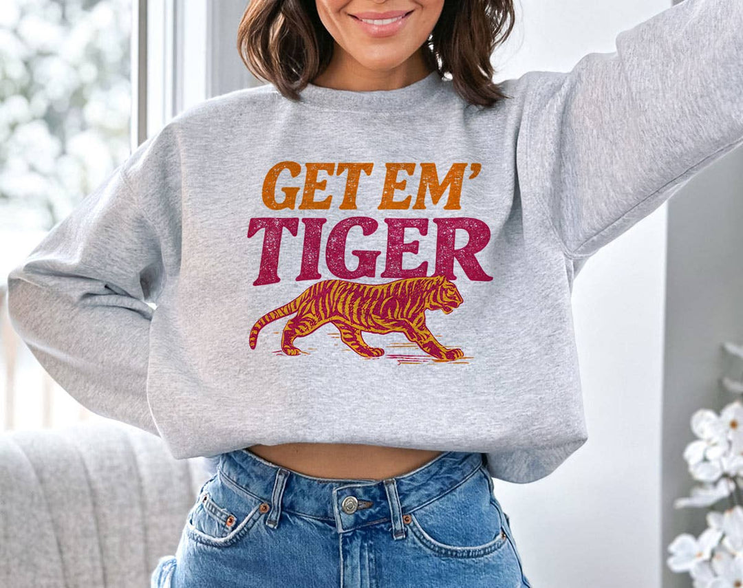 "Get Em' Tiger" design on an ash gray unisex crewneck sweatshirt