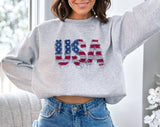 "USA Faux Patchwork" design on an ash gray unisex crewneck sweatshirt