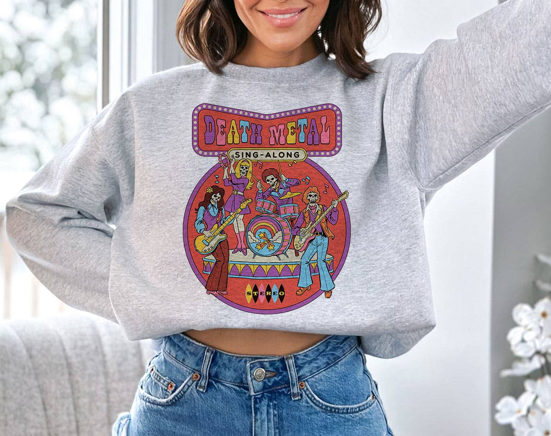 "Death Metal Sing Along Funny Retro Cartoon" design on an ash gray unisex crewneck sweatshirt