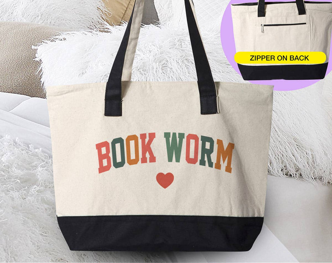 "Bookworm Heart" design on a natural canvas zippered tote bag