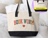 "Bookworm Heart" design on a natural canvas zippered tote bag
