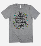 "My Favorite Color Is Christmas Lights" design on a heather gray unisex t-shirt