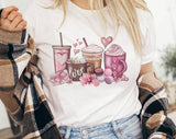 "Valentine Coffee Love Hearts" design on a white unisex t-shirt