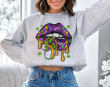"Mardi Gras Lips Beads Stars" design on an ash gray unisex crewneck sweatshirt