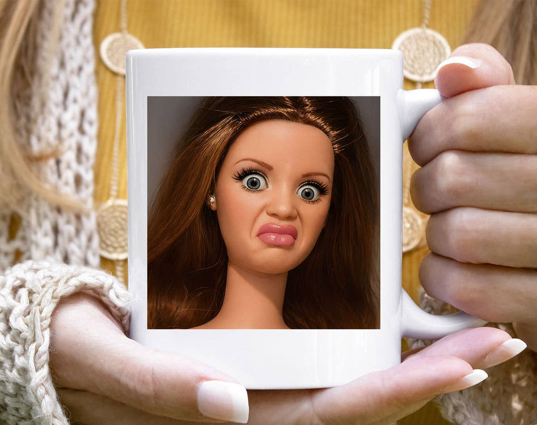 "Disgusted Doll Face Meme" design on a white ceramic coffee mug