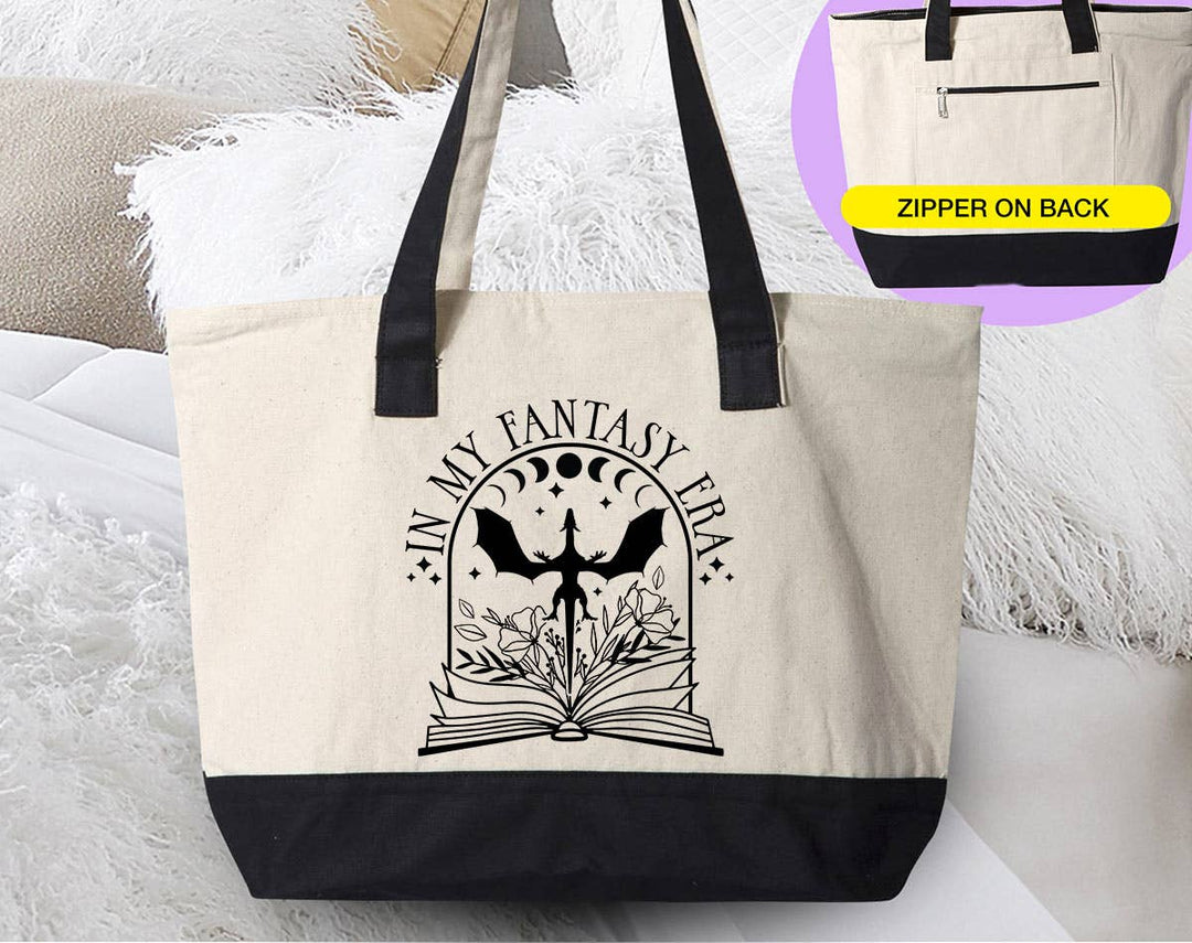 "In My Fantasy Era" design on a natural canvas zippered tote bag