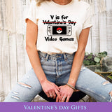 "V Is For Video Games" design on a peach unisex t-shirt