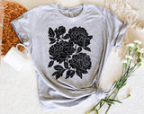 "Retro Linocut Black Peonies" design on a heather gray unisex t-shirt