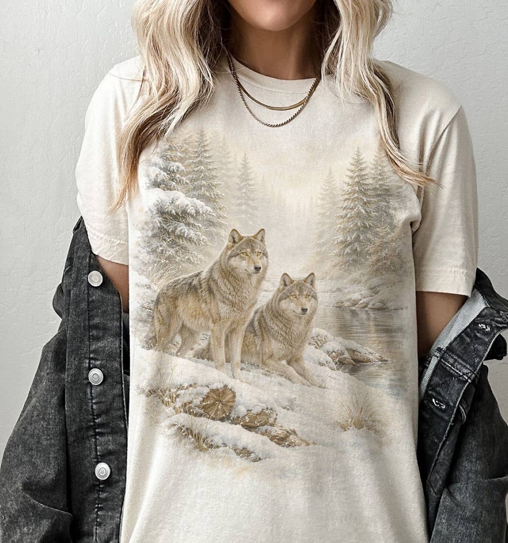 "Wolf Nature Retro 90s Boho Wolves" design on a natural unisex t-shirt