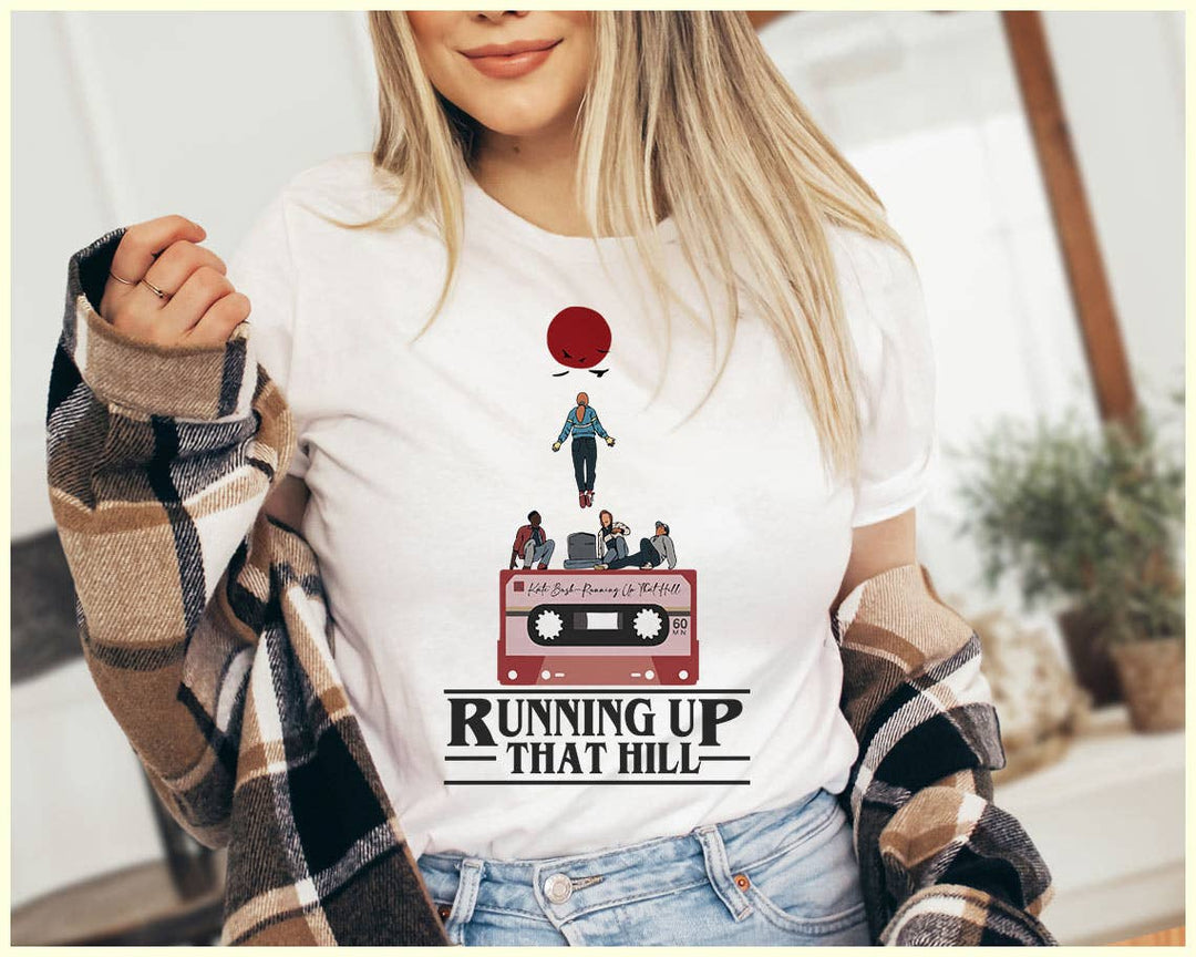 "Running Up That Hill" design on a white unisex t-shirt