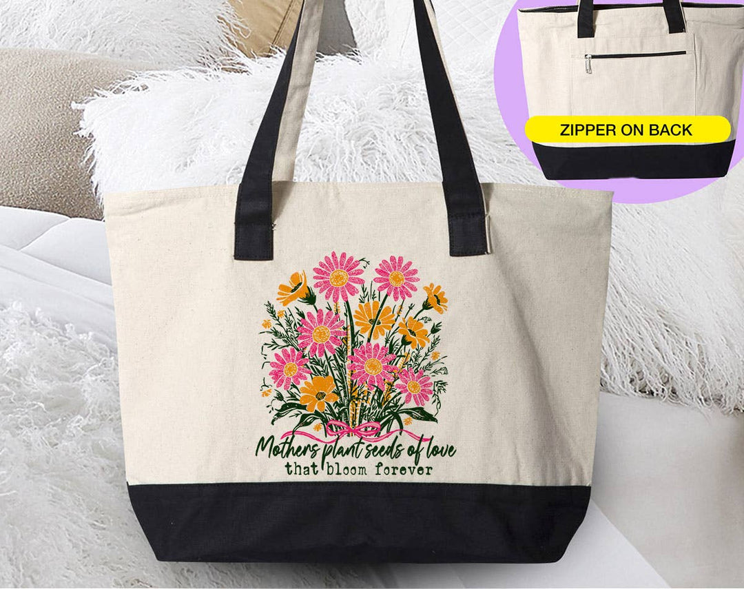 "Mothers Plant Seeds Of Love" design on a natural canvas zippered tote bag