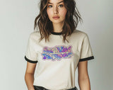 "Certified Yapper" design on a natural ringer t-shirt with black contrast trim