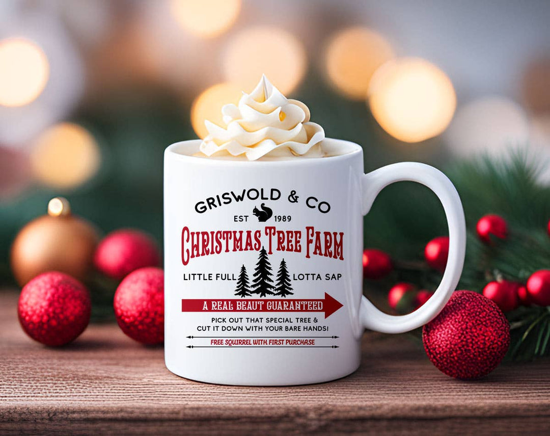 "Griswold Christmas Vacation Tree Farm" Christmas design on a white coffee mug