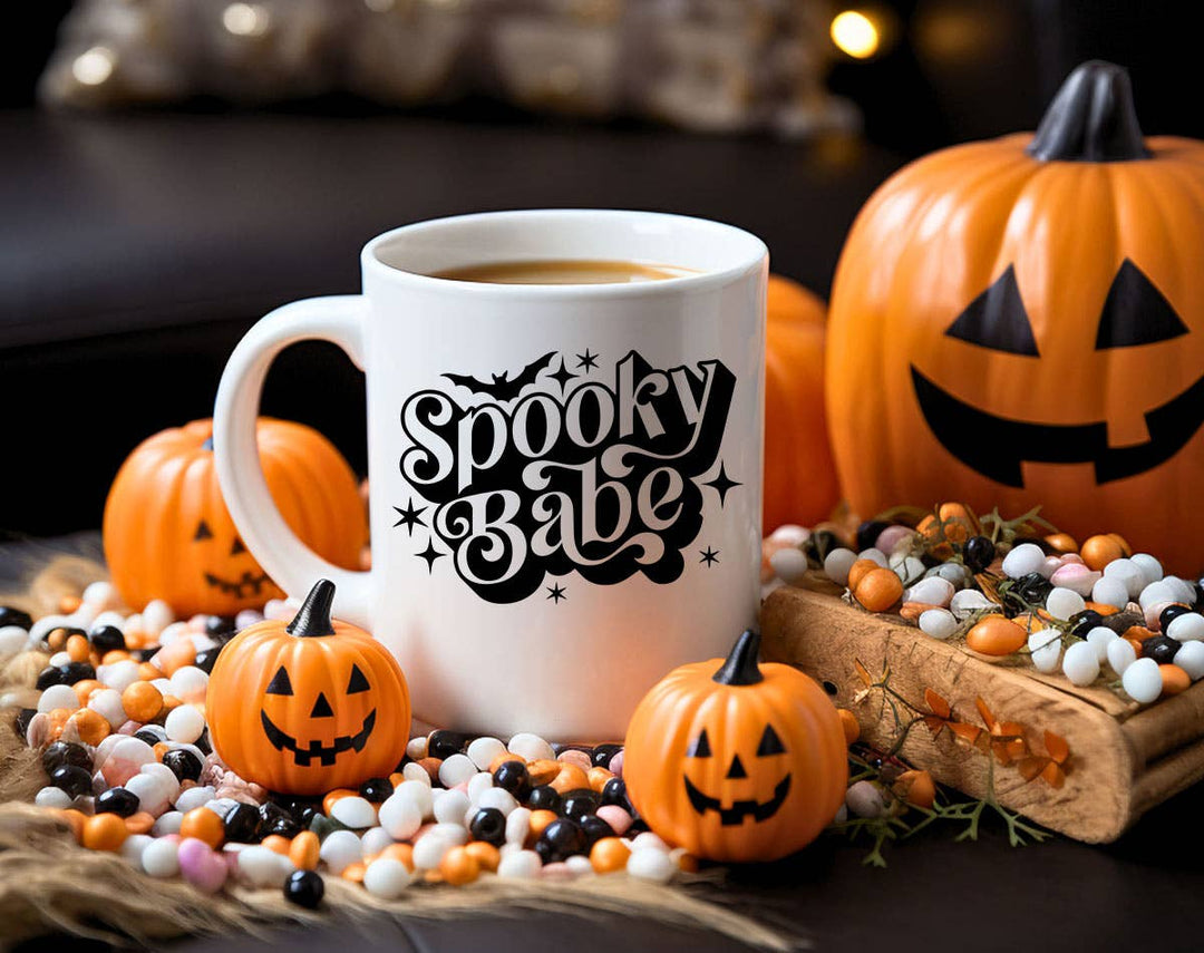 "Spooky Babe" Halloween design on a white coffee mug
